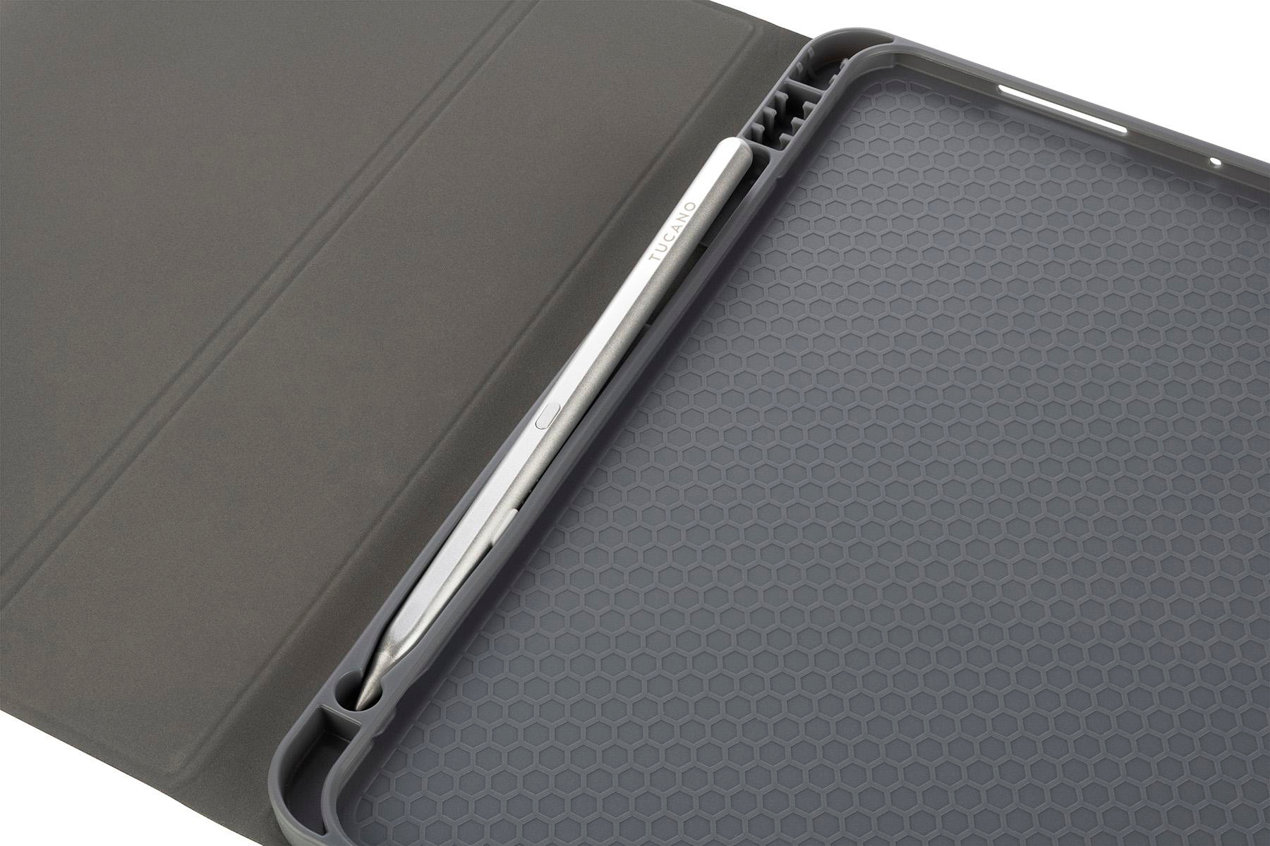 Tablet-Hülle offen, Stift drin. Graue und dunkelgraue Farben.