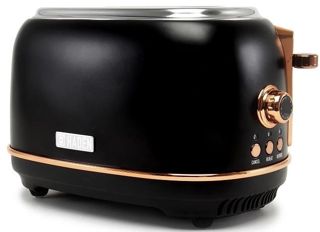 Czarny toster z miedzianymi elementami i kontrolkami, logo Haden, białe tło.