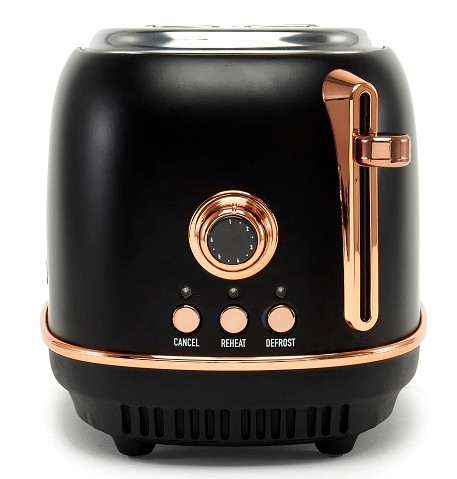 Czarny toster z miedzianymi akcentami, kontrolkami z przodu, logo Haden, białe tło.