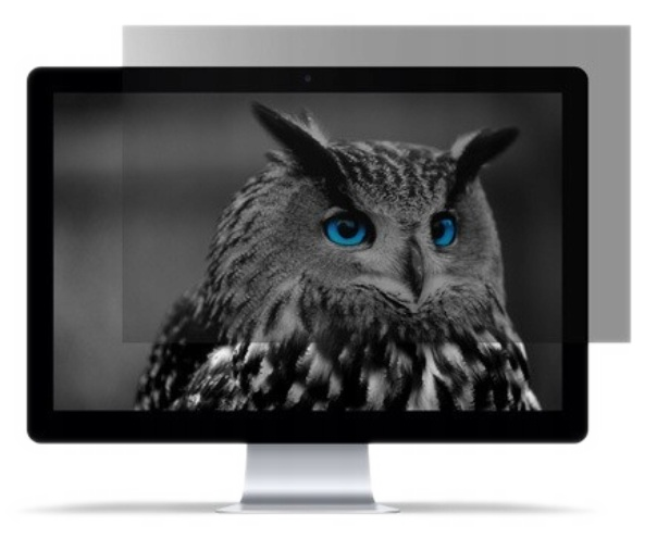 Monitor komputera z obrazem sowy na ekranie z ochraniaczem ekranu.