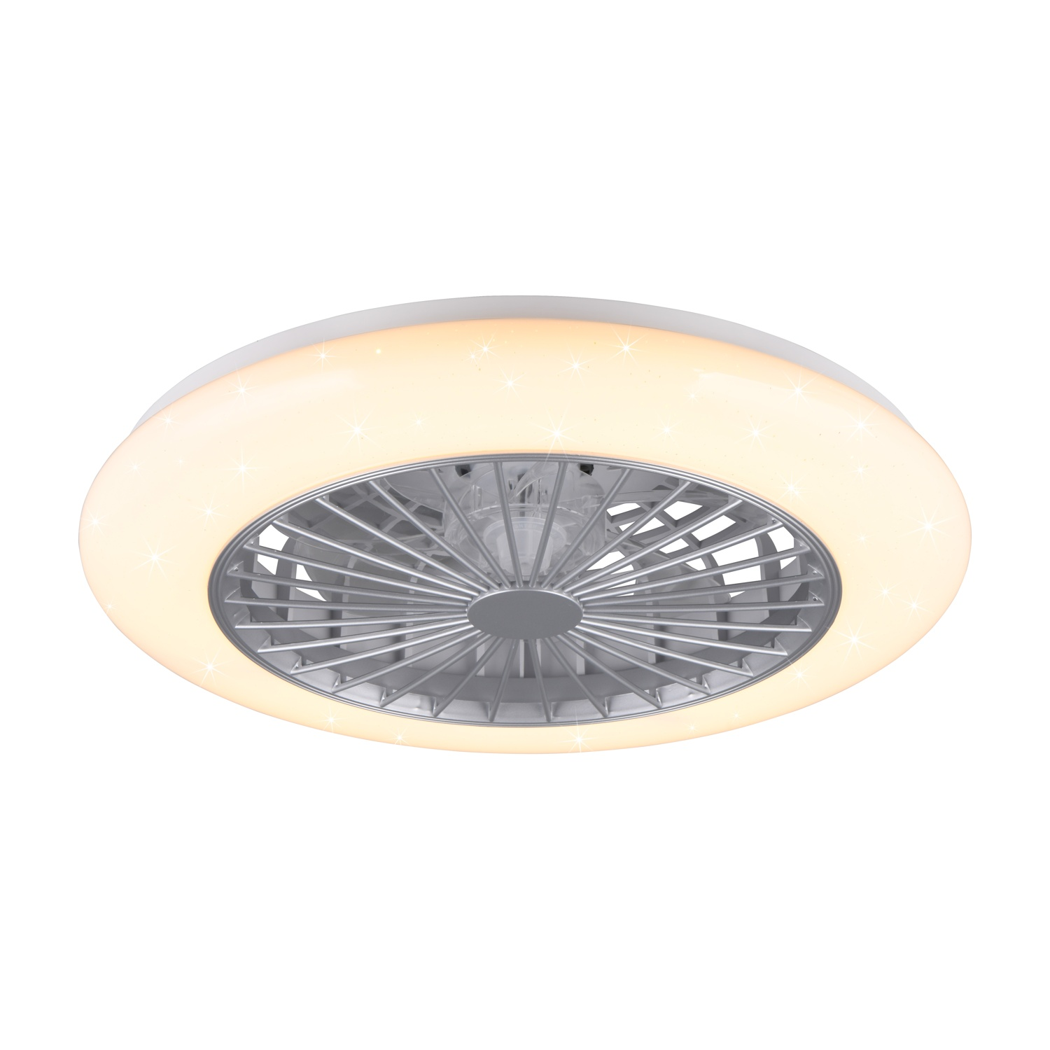 Ventilatore a soffitto: Ventilatore rotondo bianco con luce e luci a forma di stella attorno al bordo.