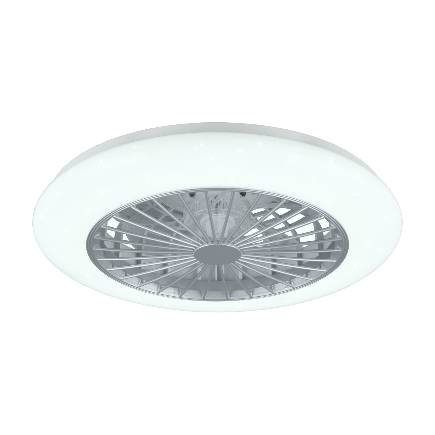 Ventilatore a soffitto: Ventilatore rotondo bianco con luce e luci a forma di stella attorno al bordo.
