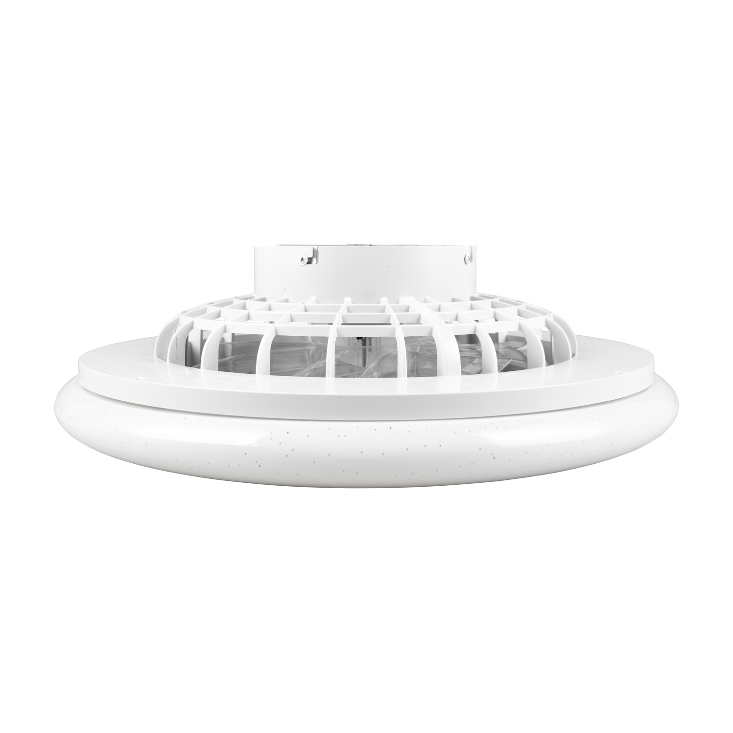 Ventilatore a soffitto: Ventilatore bianco con base rotonda e una gabbia attorno alle pale, vista dall'alto.