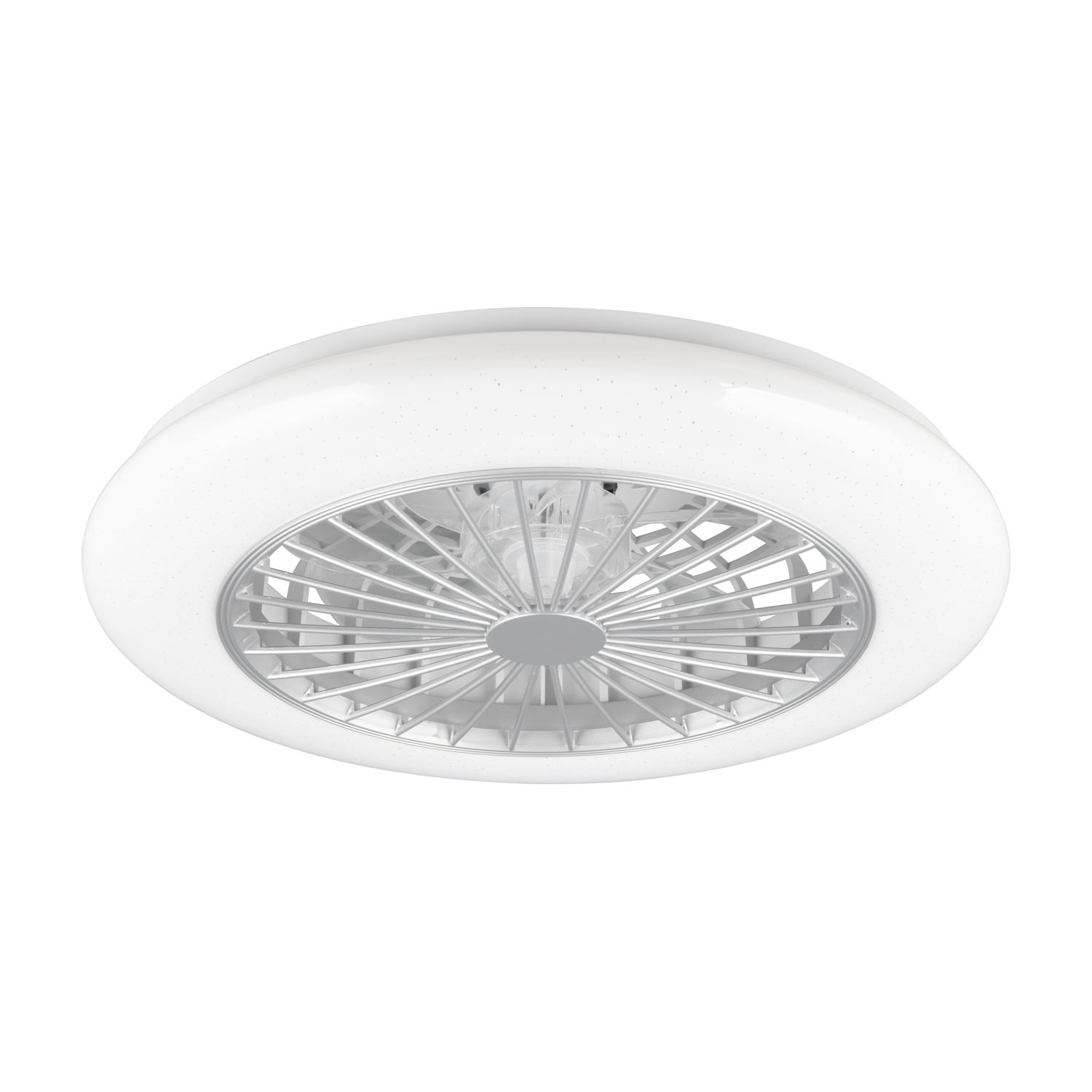 Ventilatore da soffitto bianco con luce. Ha forma rotonda.
