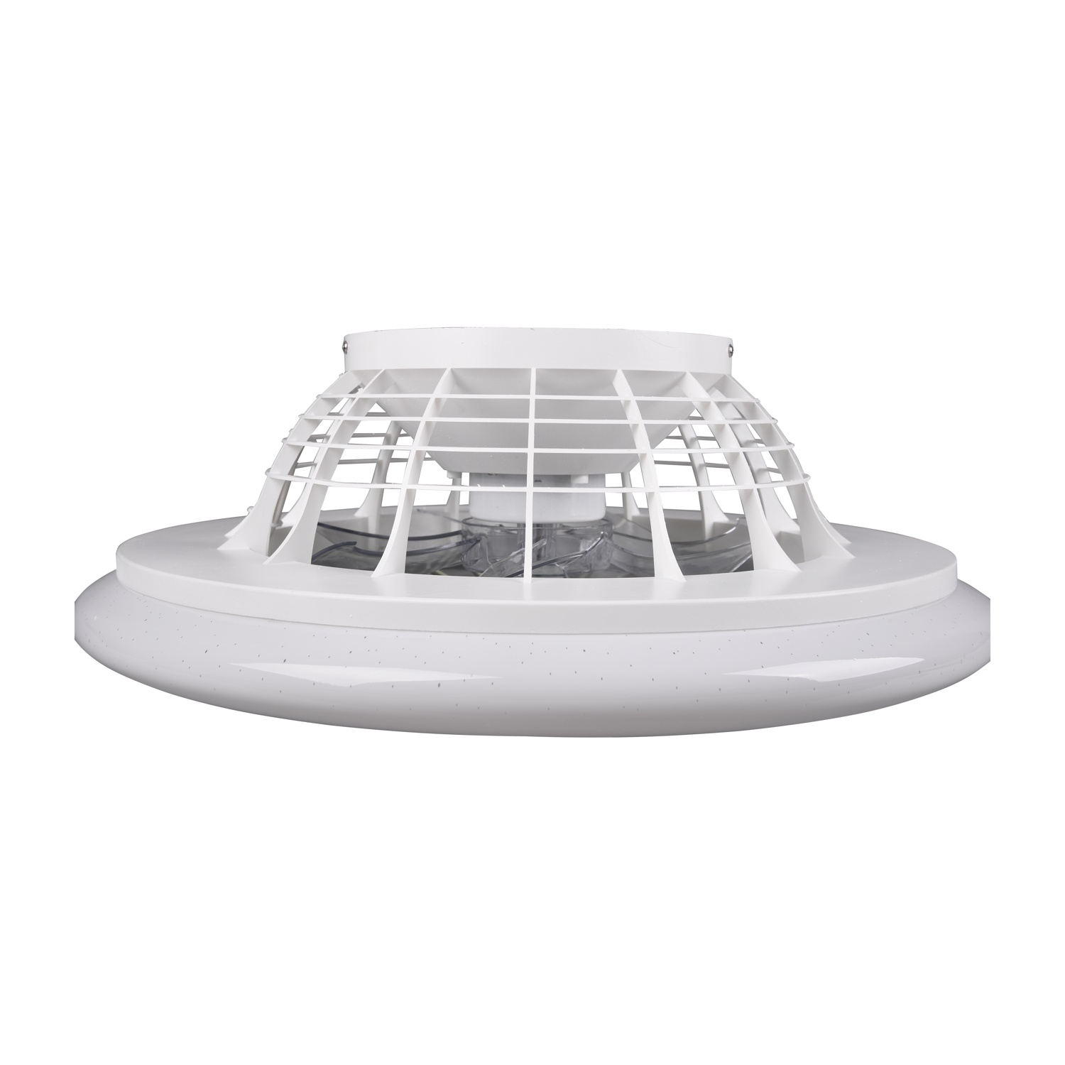 Ventilatore a soffitto: Ventilatore bianco con base rotonda e una gabbia sopra le pale, vista dall'alto.
