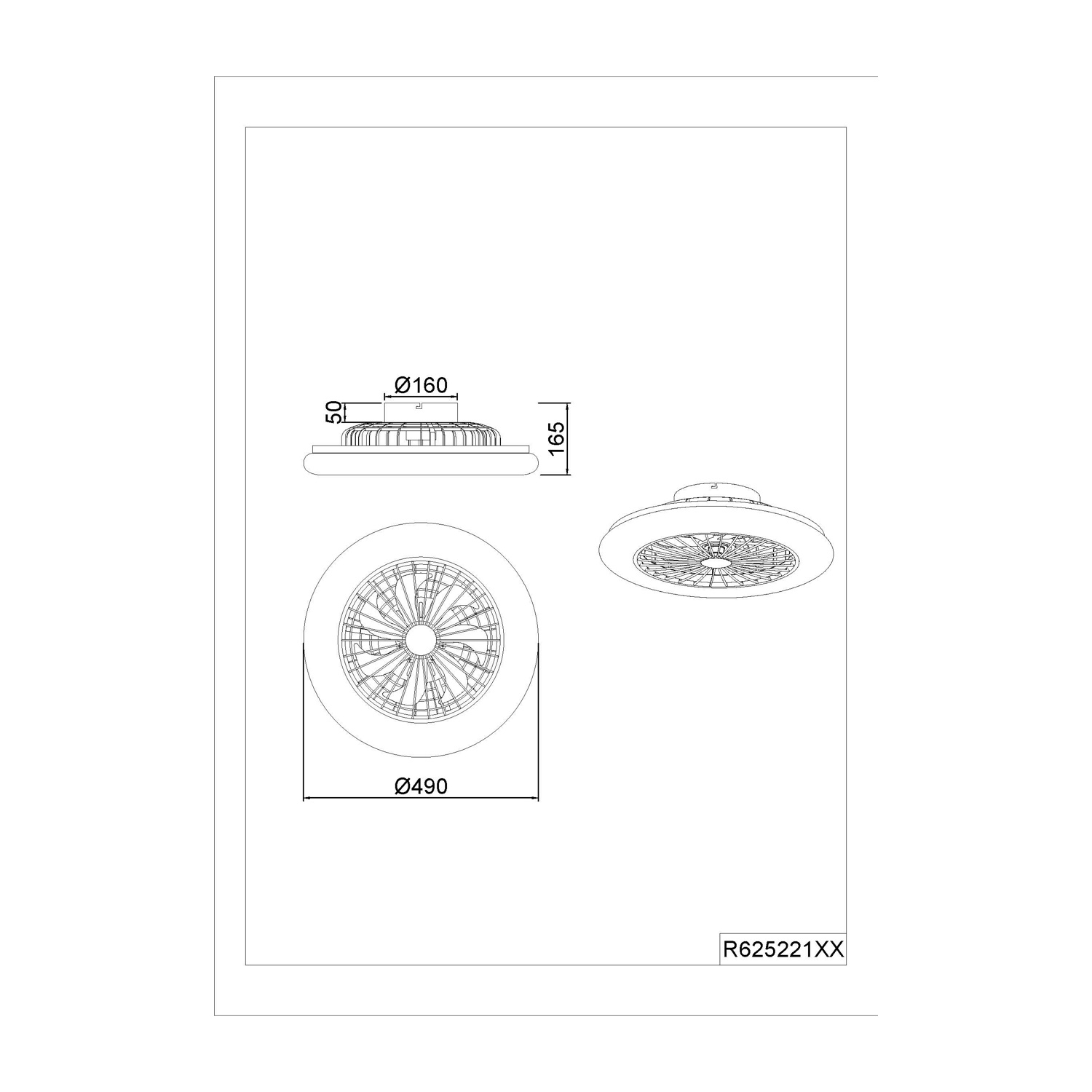 Disegno tecnico di un ventilatore da soffitto con dimensioni e viste.