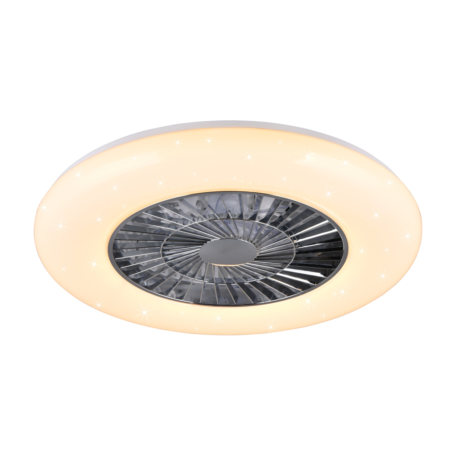 Ventilatore da soffitto bianco con anello luminoso. La luce ha un motivo a stella.