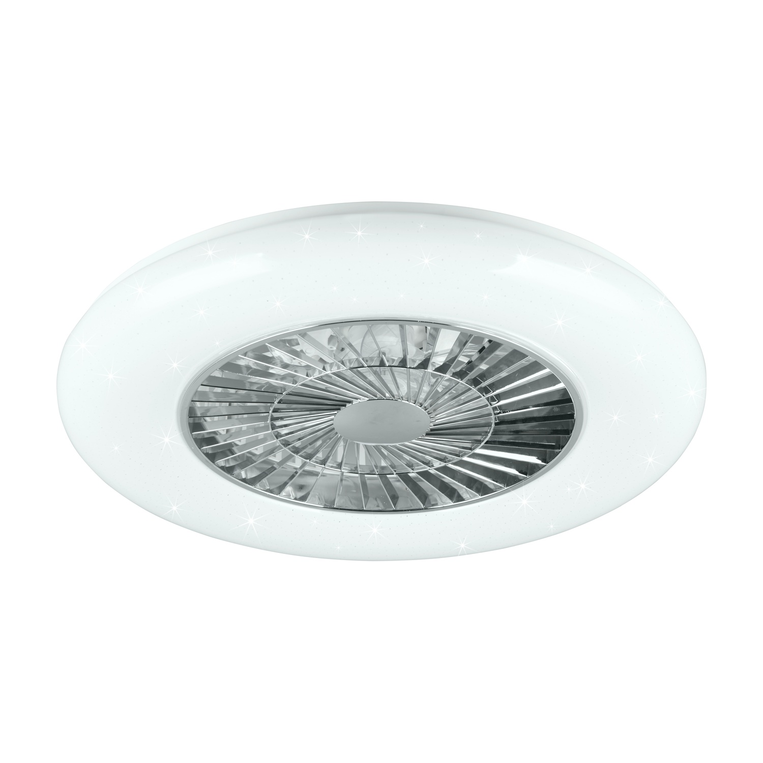 Ventilatore a soffitto: Ventilatore bianco con anello luminoso e luci a stella sul bordo, vista dall'alto.