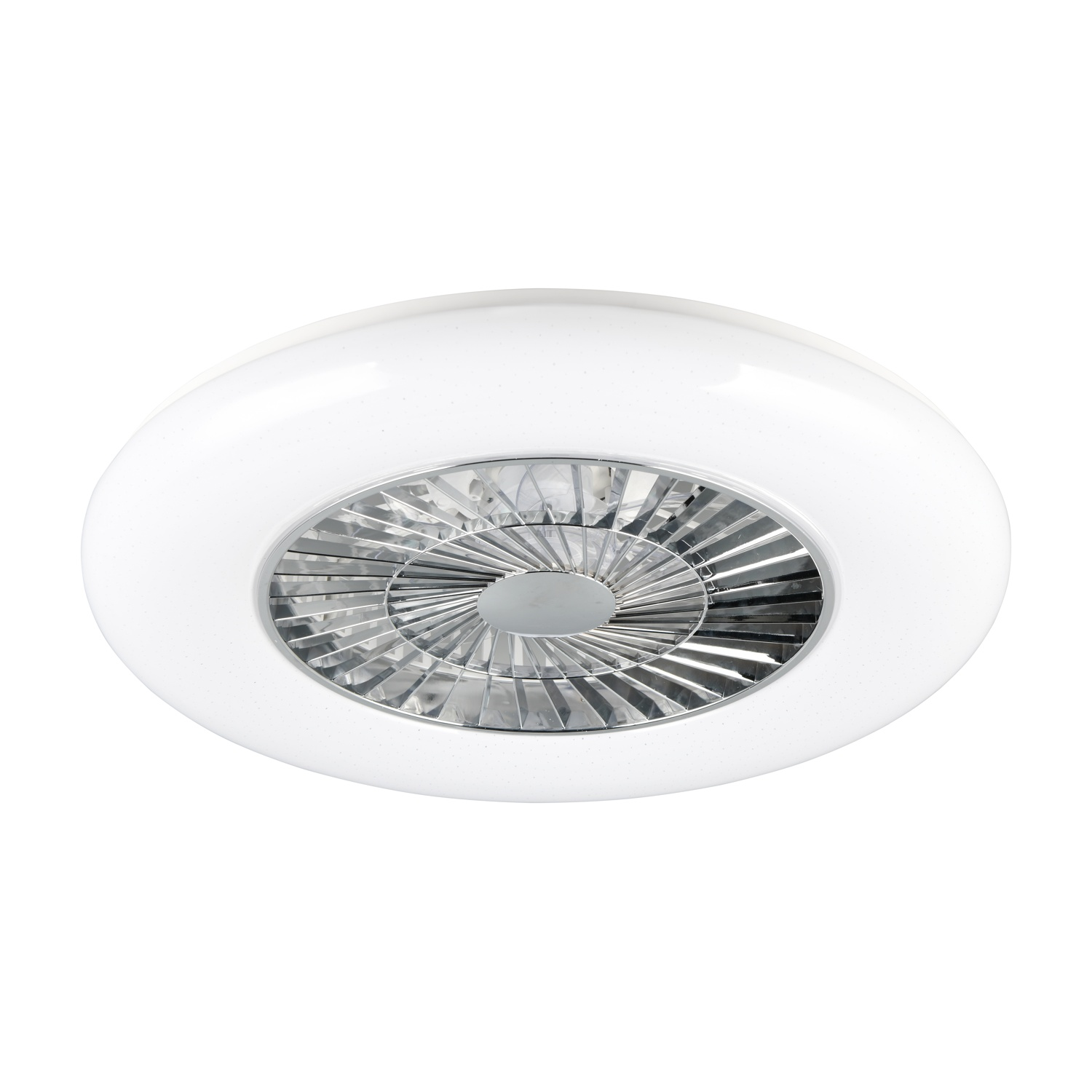 Ventilatore da soffitto bianco con luce. Ha forma rotonda e ventola argentata.