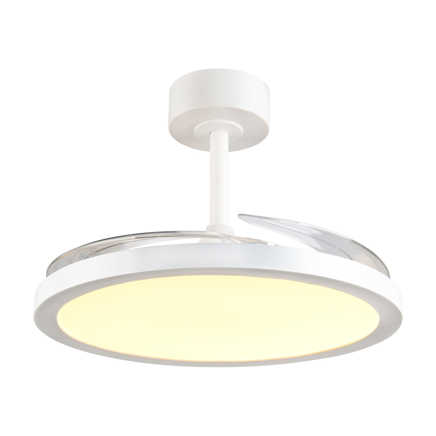 Ventilatore a soffitto: Ventilatore a soffitto bianco con luce circolare e pale, appeso al soffitto.