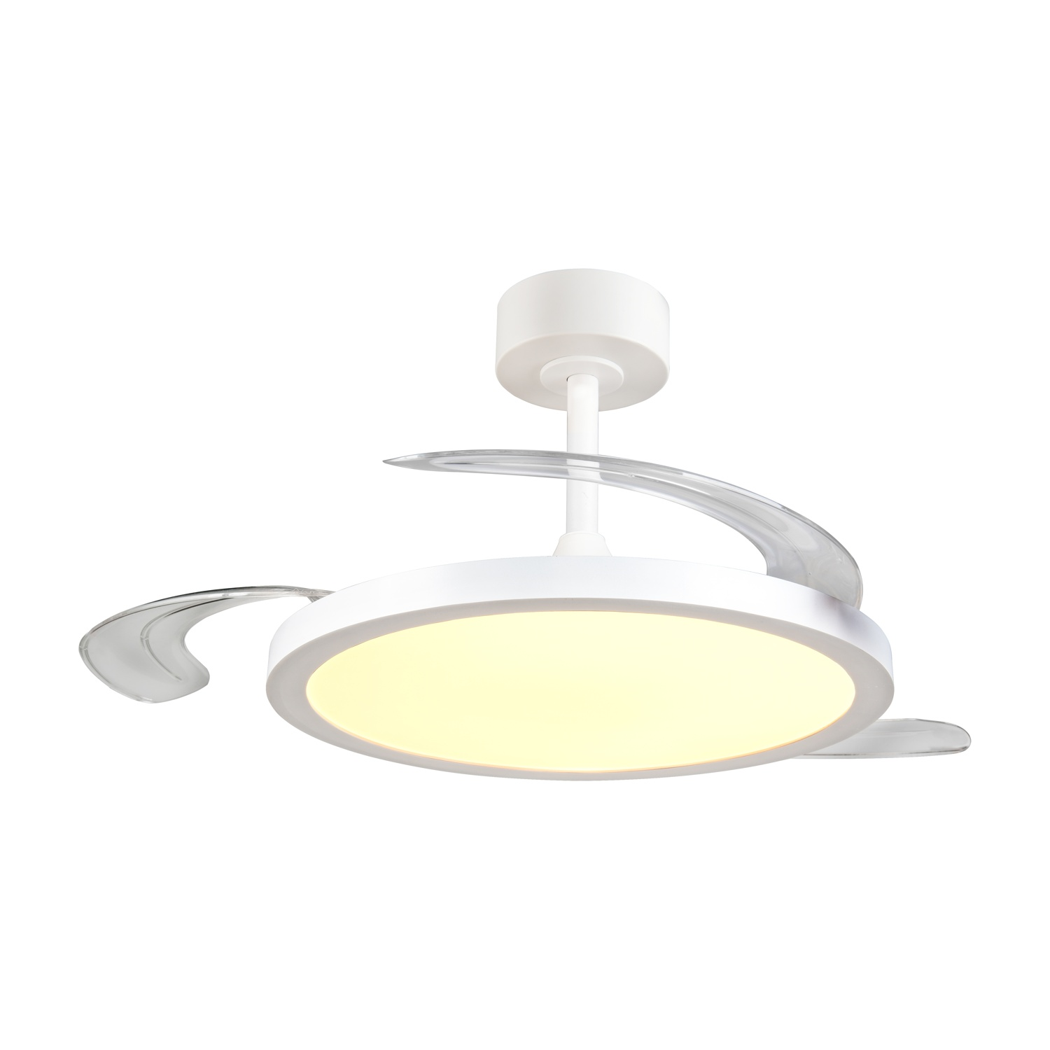 Ventilatore da soffitto bianco con luce, con due pale curve.