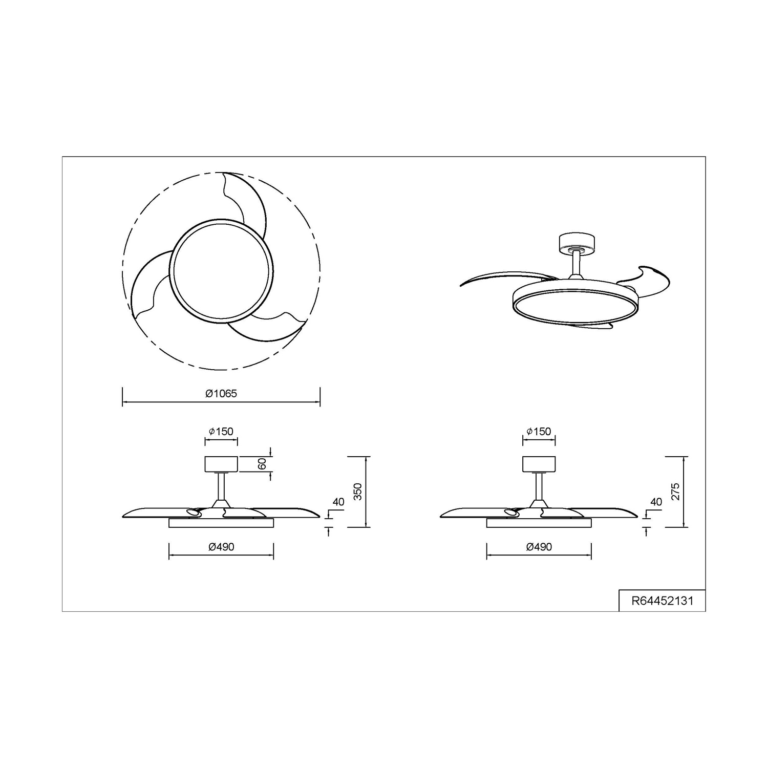 Disegno tecnico di un ventilatore da soffitto con pale curve, che mostra le dimensioni.
