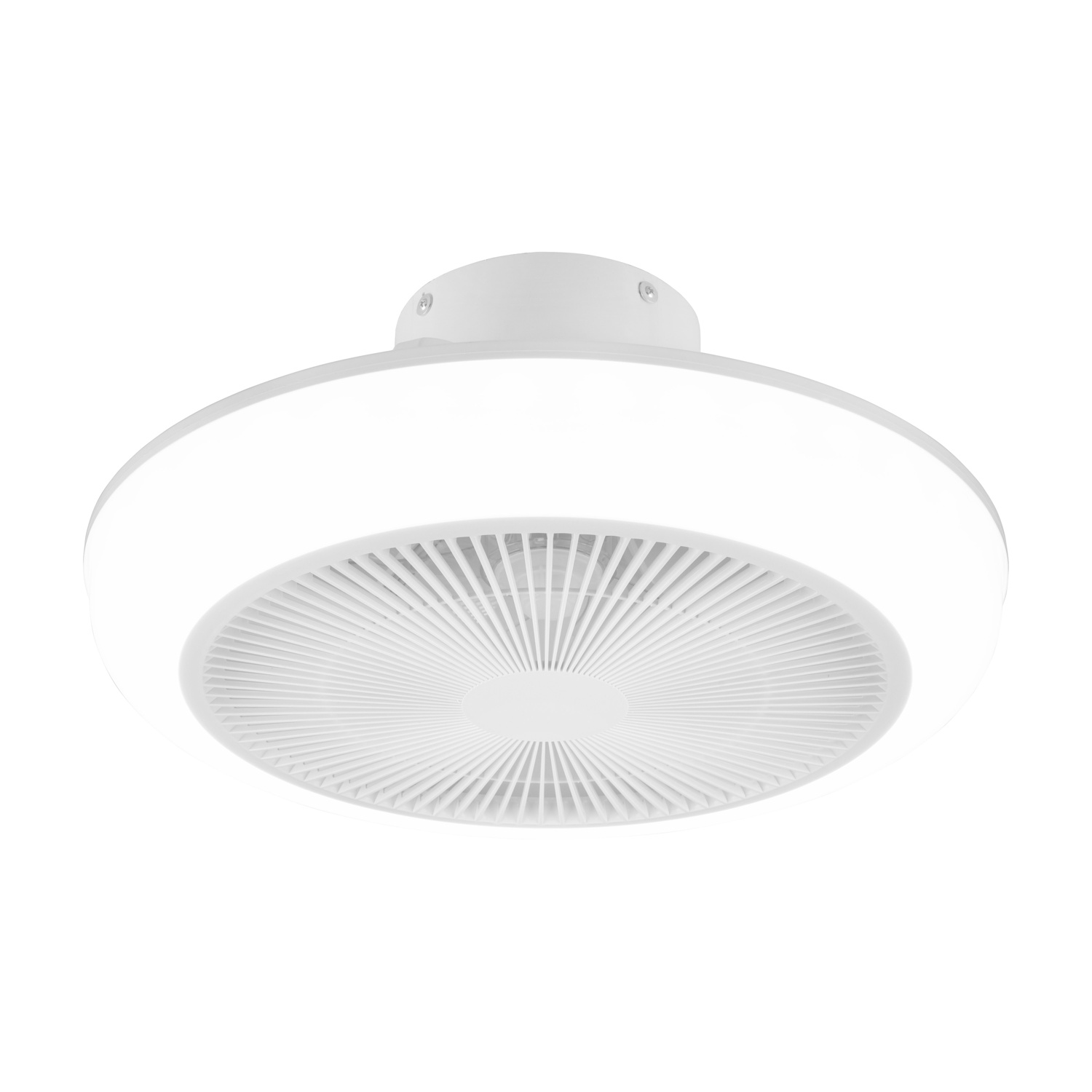Ventilatore da soffitto bianco con anello luminoso. La ventola è visibile.