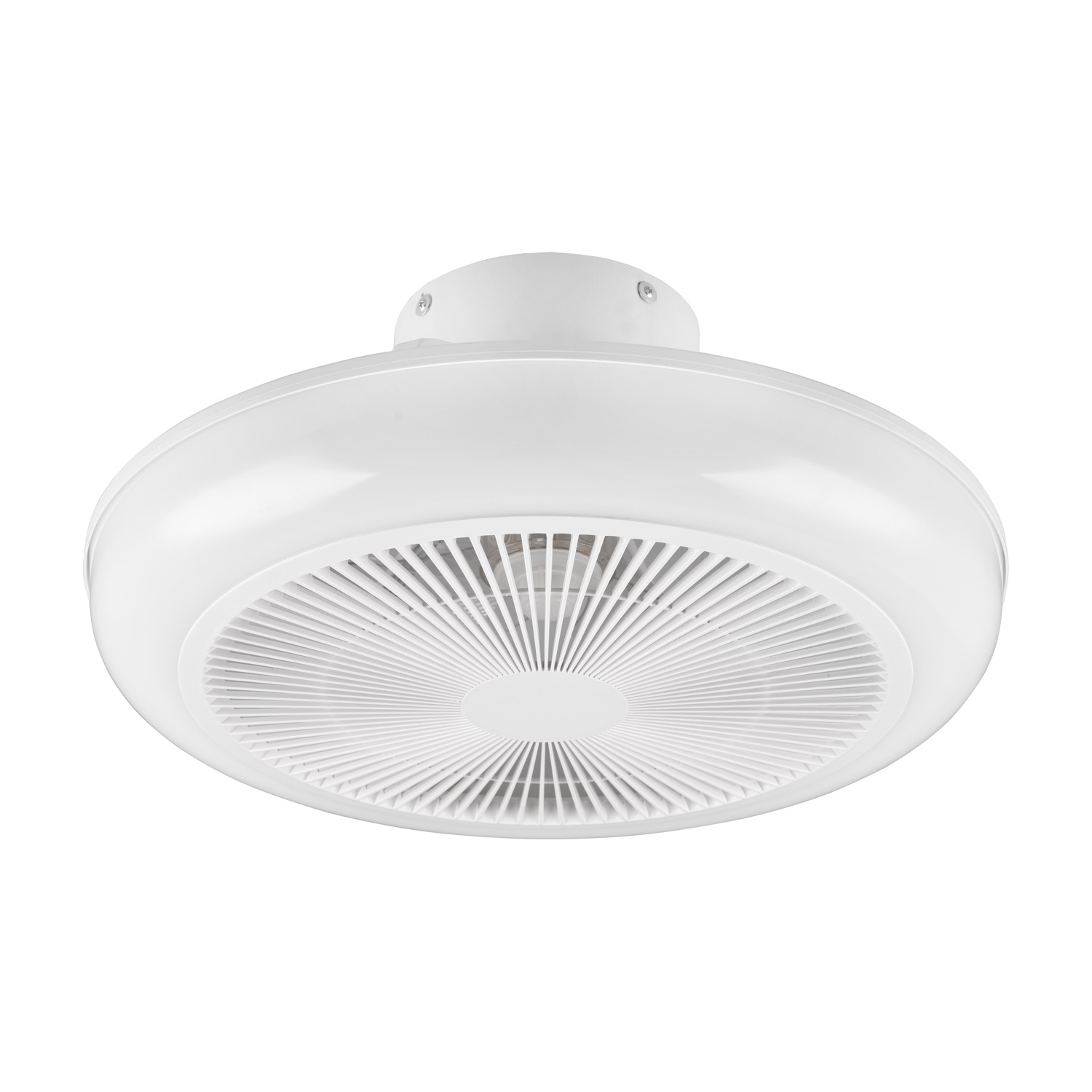 Ventilatore da soffitto bianco, forma rotonda. Isolato su sfondo bianco, vista angolata bassa.