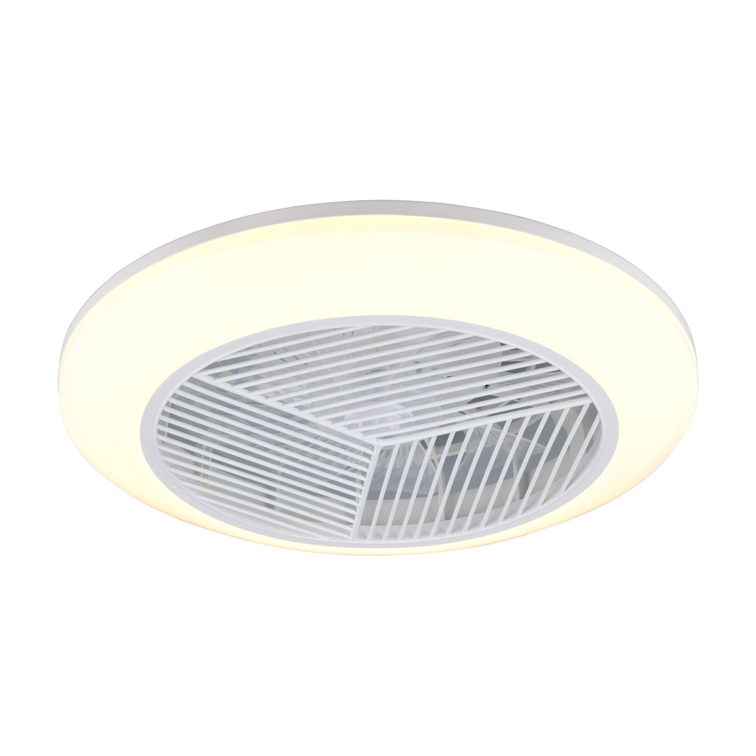 Ventilatore da soffitto con anello luminoso, illuminato, colore bianco. Vista angolata, isolato su sfondo bianco.