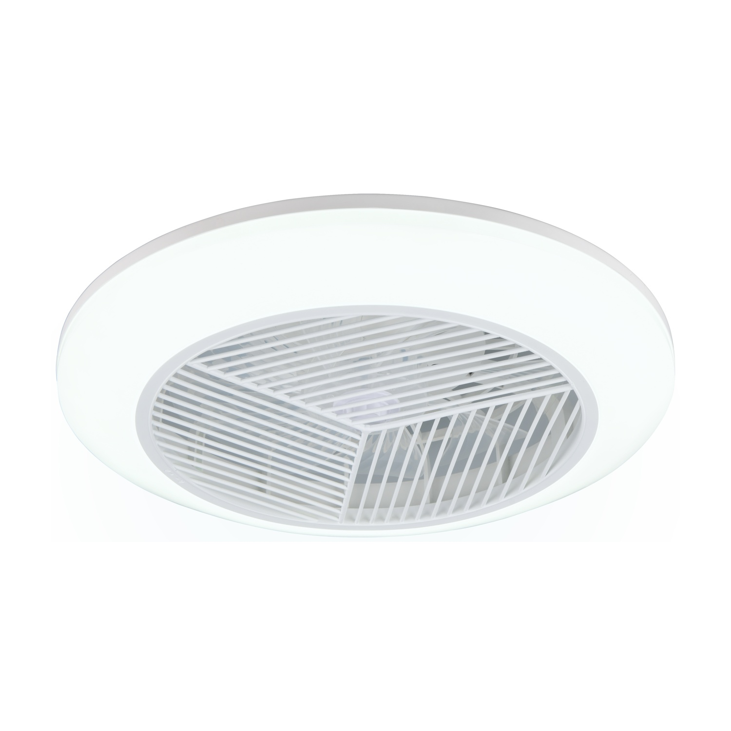 Ventilatore da soffitto bianco con anello luminoso. La ventola ha un motivo triangolare.