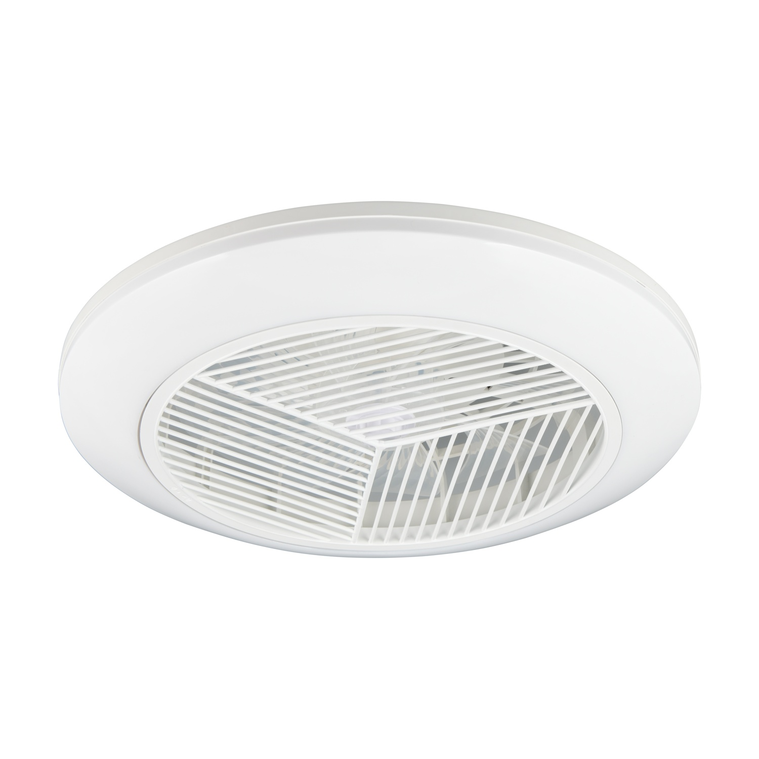 Ventilatore da soffitto bianco con tre pale, forma rotonda. Isolato su sfondo bianco.