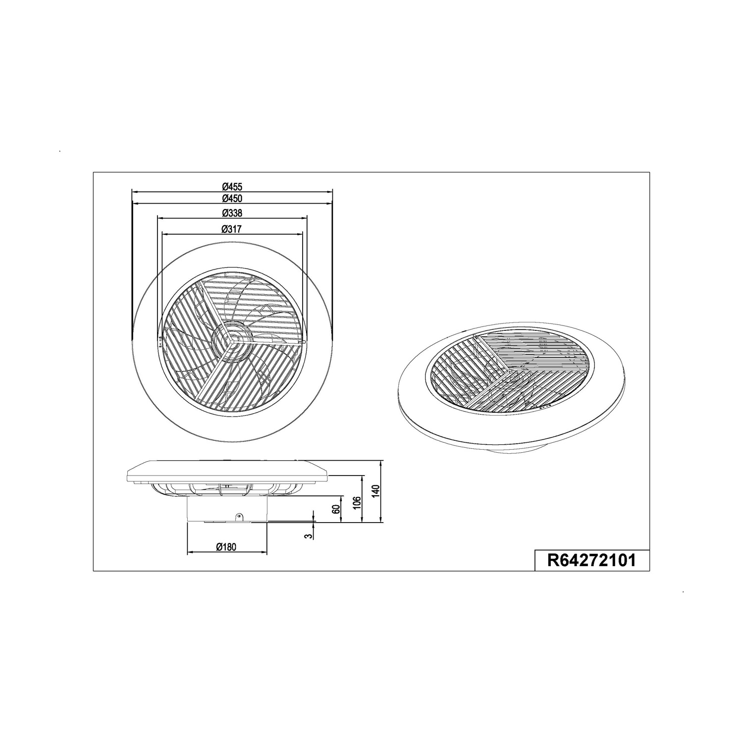 Disegno tecnico di un ventilatore da soffitto con dimensioni. Mostra viste dall'alto, laterale e frontale.