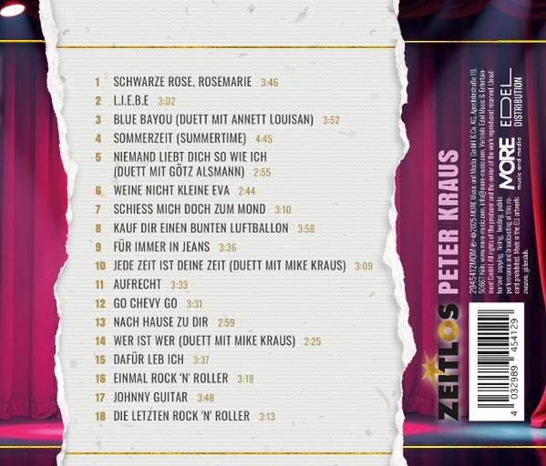 Rückseite einer CD. Text mit Songtiteln und Interpretenangaben. Rote Bühnenvorhänge.