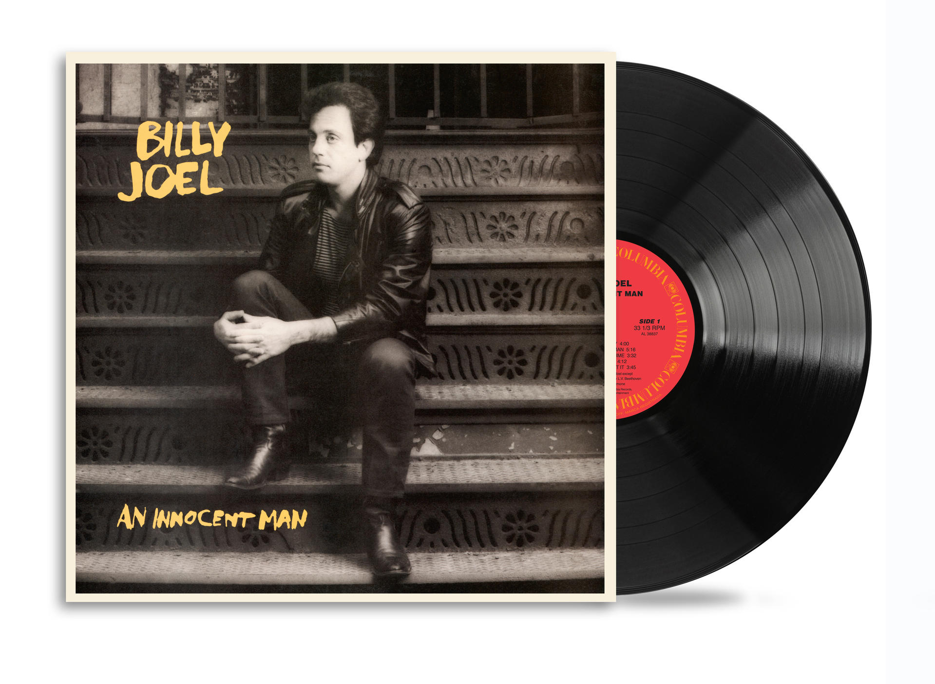 Albumcover. Mann sitzt auf Stufen. Text: Billy Joel, An Innocent Man. Vinyl-Schallplatte vorhanden.