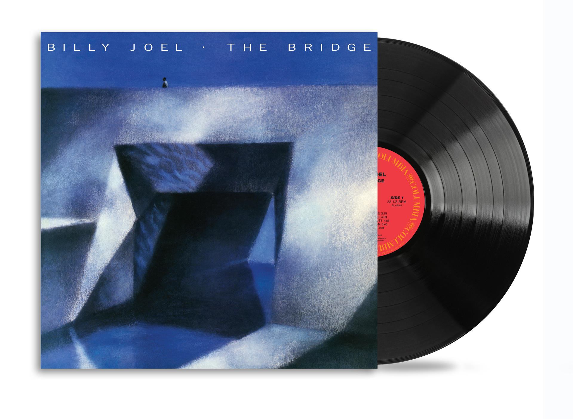 Albumcover. Abstraktes blau-weißes Design. Text: Billy Joel, The Bridge. Vinyl-Schallplatte vorhanden.