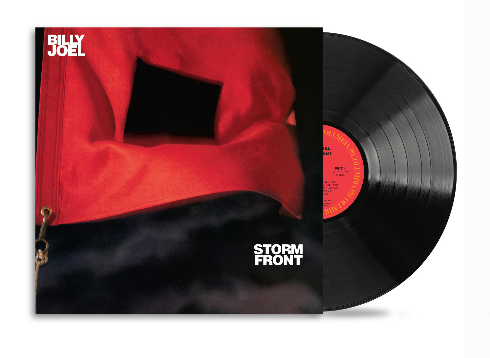 Albumcover von 'Storm Front' von Billy Joel mit roter Flagge und Vinylplatte.