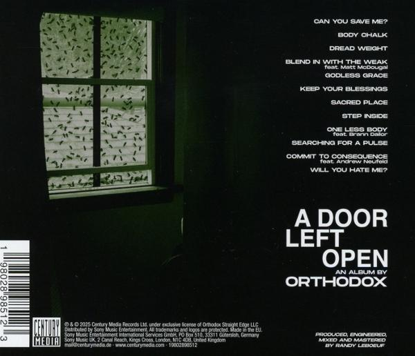 Rückseite von 'A Door Left Open'. Zeigt ein Fenster mit Fliegen und Songtiteln.