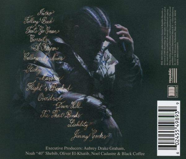 Album-Rückseite mit einem Mann in Tarnfarben und einer Liste von Titeln in Gold.