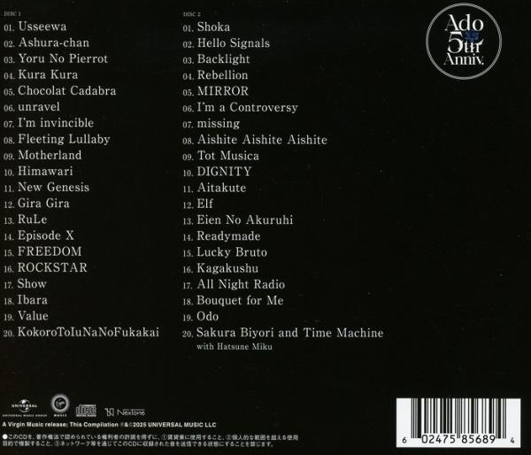 CD-Rückseite mit einer Liste von Songs, aufgeteilt in zwei Discs, mit dem Titel des Albums und des Künstlers.