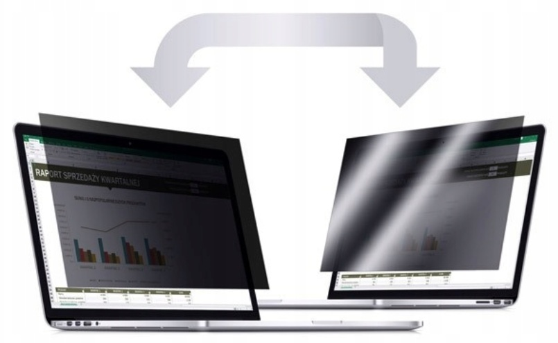 Dwa laptopy z filtrami prywatności, pokazujące wykresy i dane. Strzałka wskazuje ochronę ekranu.