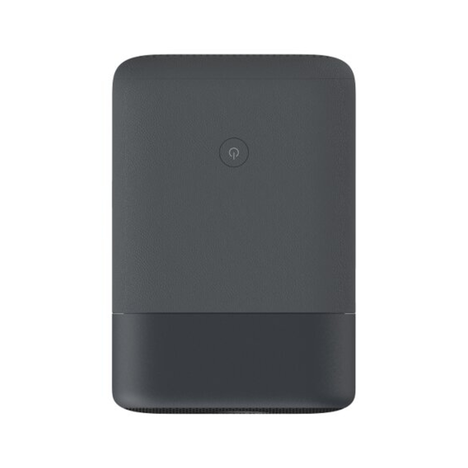 Un dispositivo nero con un pulsante di accensione e una sezione inferiore grigio più scuro.