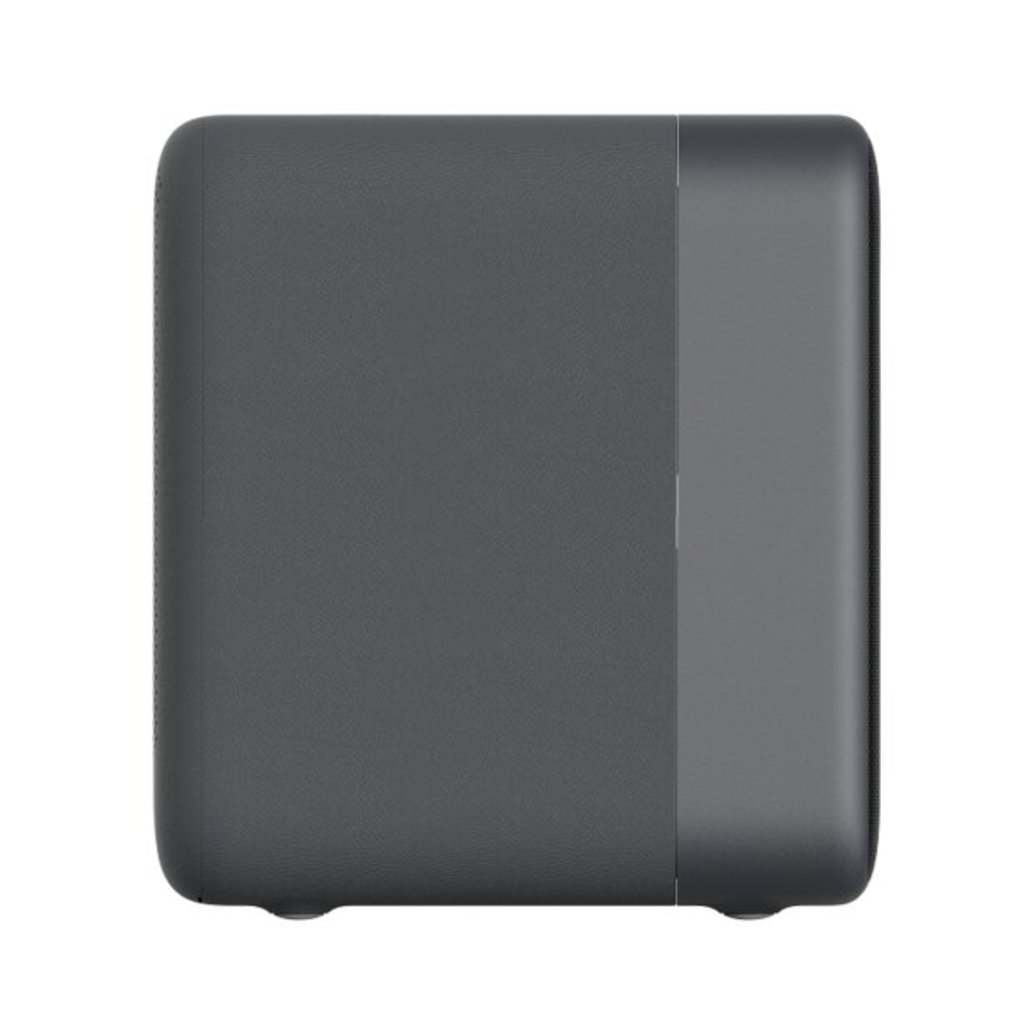 Un dispositivo grigio con un lato grigio più scuro e un pulsante di accensione sul davanti.