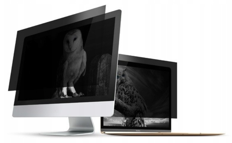 Monitory komputerowe z obrazami sów, z filtrami prywatyzującymi, na czarnym tle.