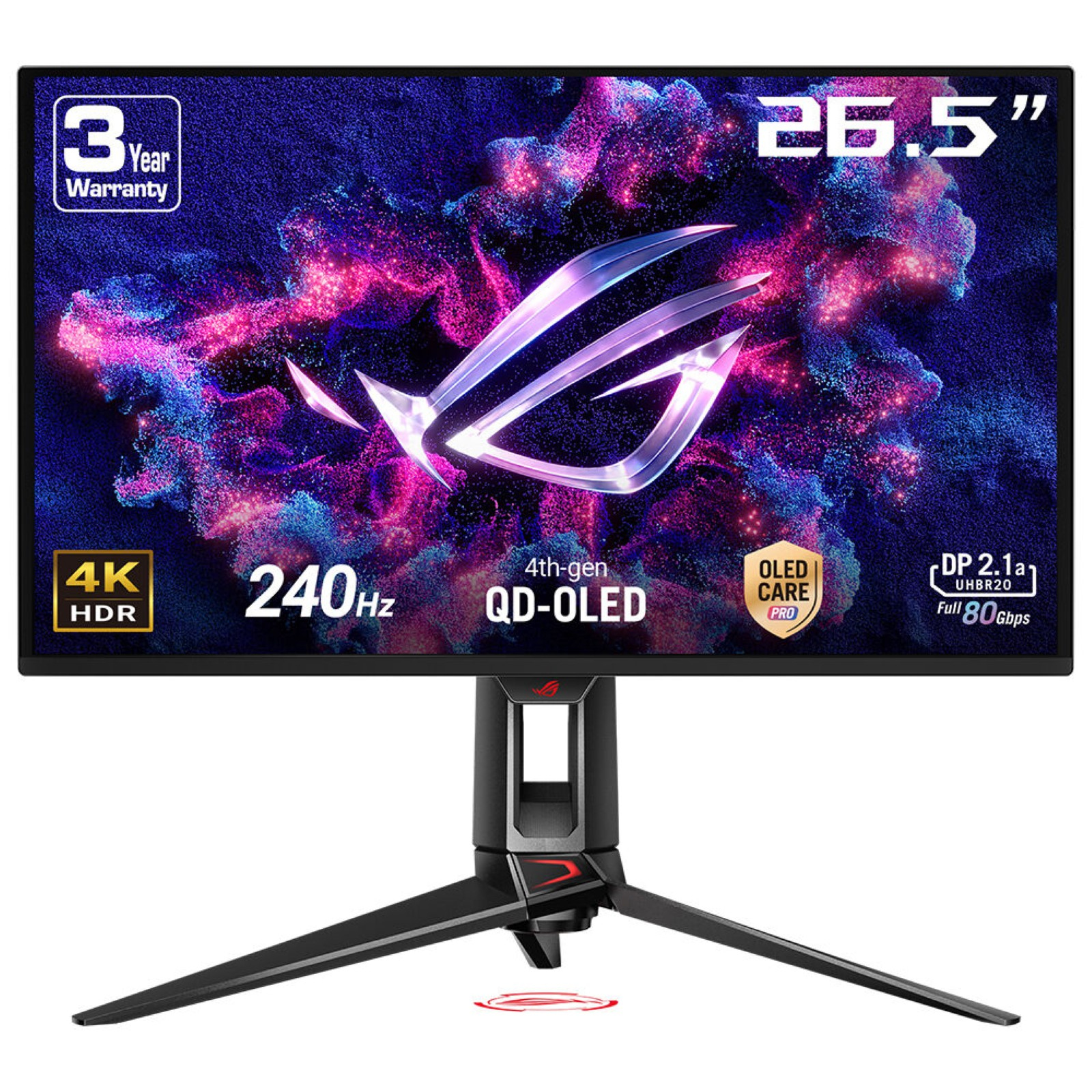 Un monitor gaming con soporte, mostrando una imagen abstracta colorida.