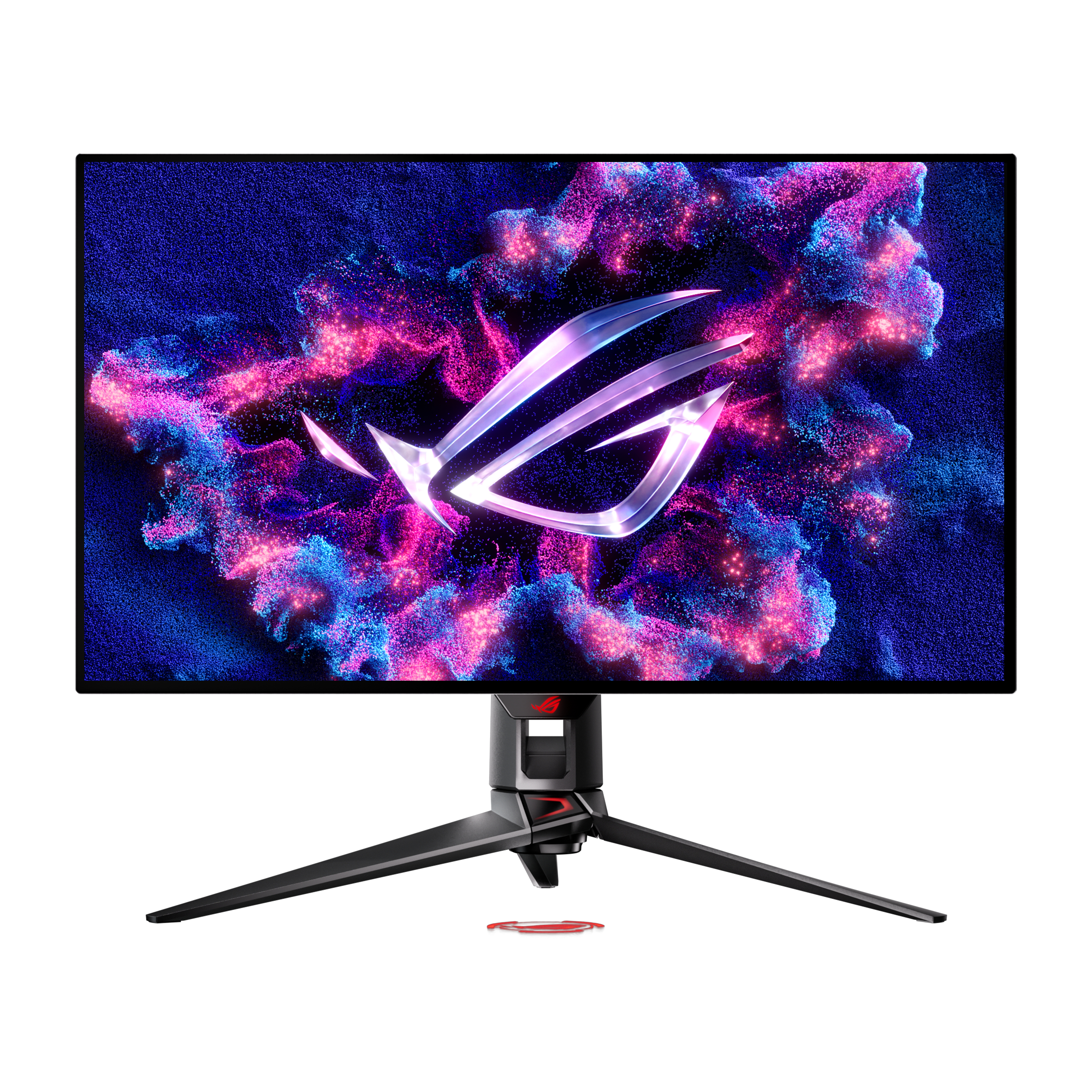 Monitor gaming mostrando arte abstracto colorido, con un soporte.