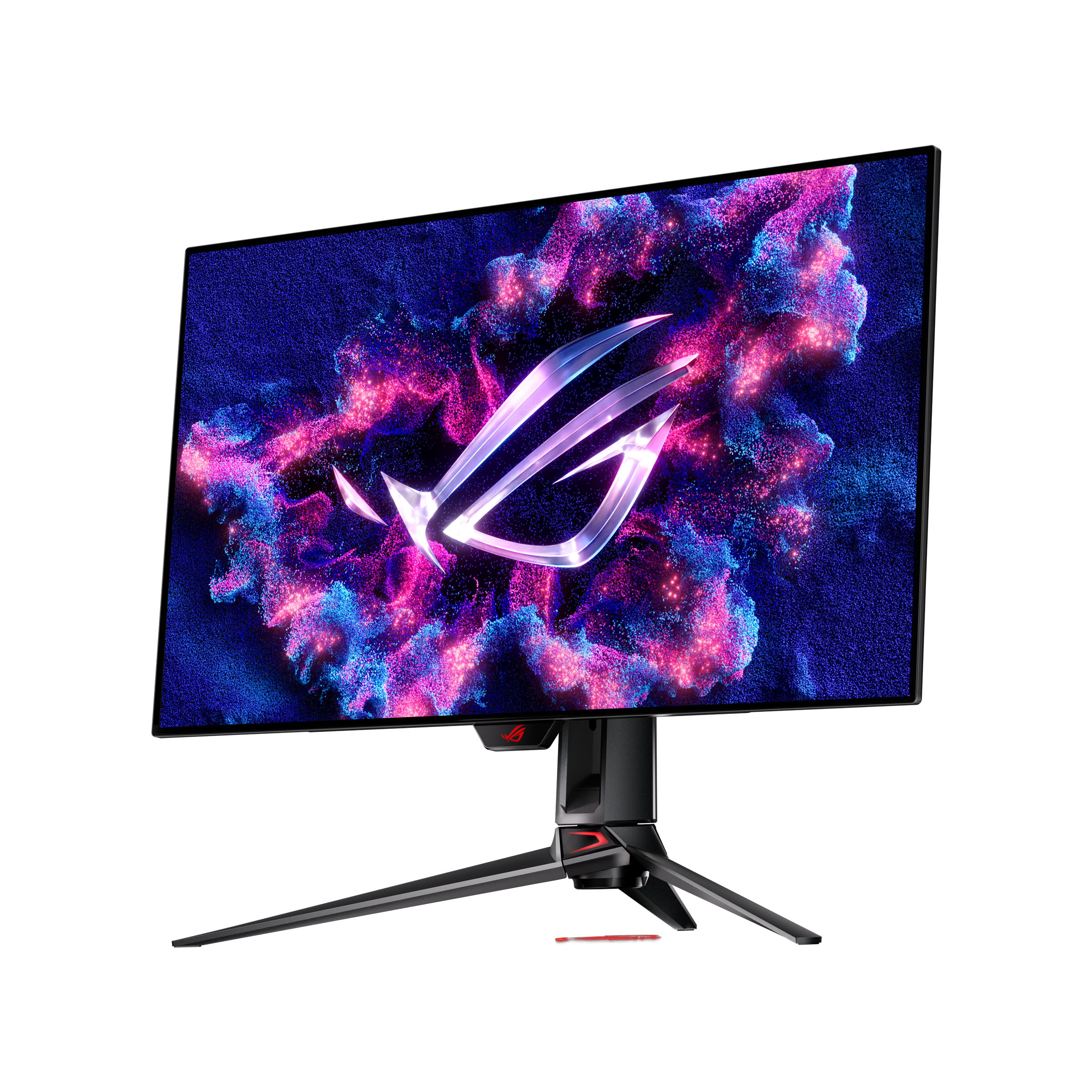 Monitor gaming con pantalla colorida mostrando un logo, soporte negro y fondo blanco.