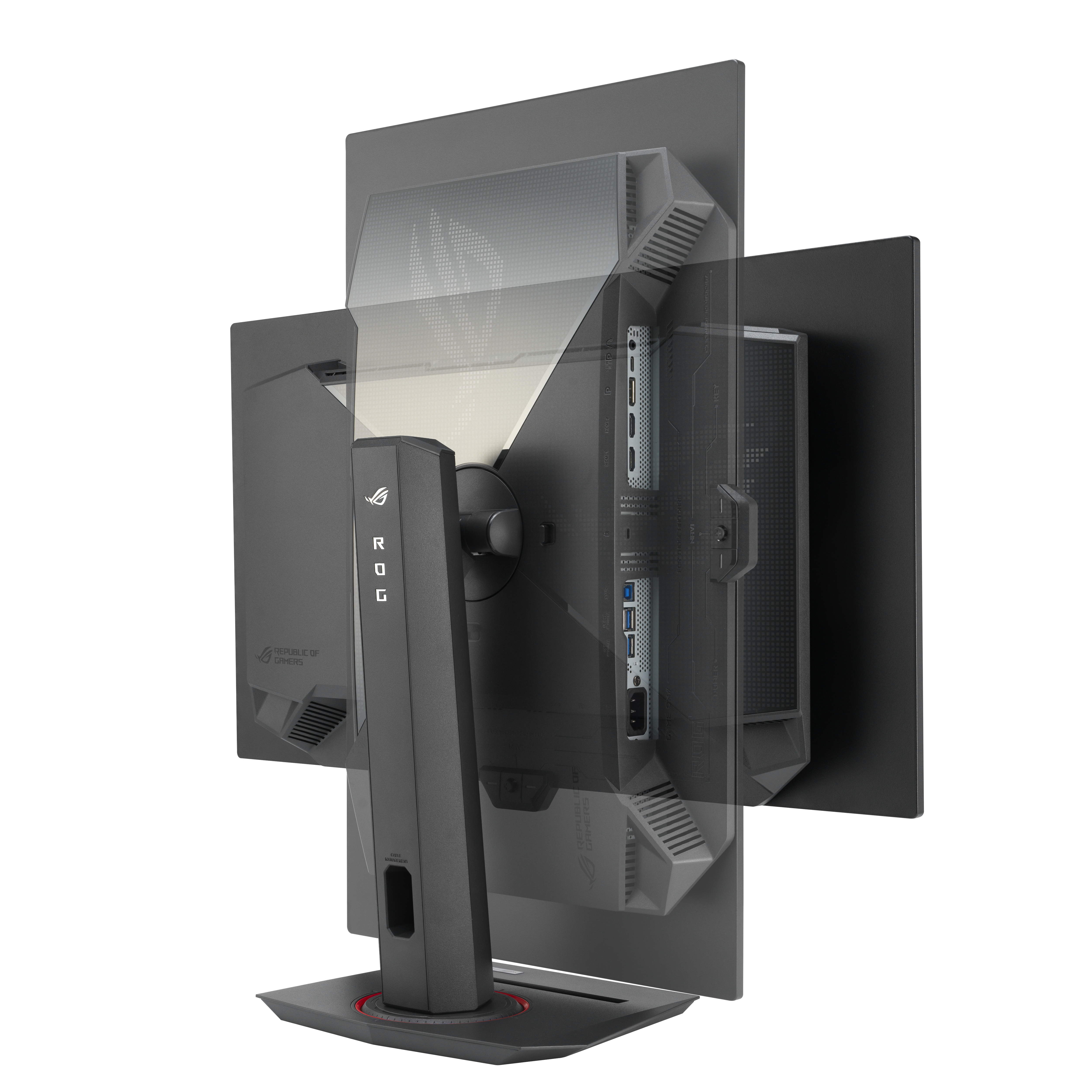 Monitor con superposición, mostrando puertos y diseño trasero.