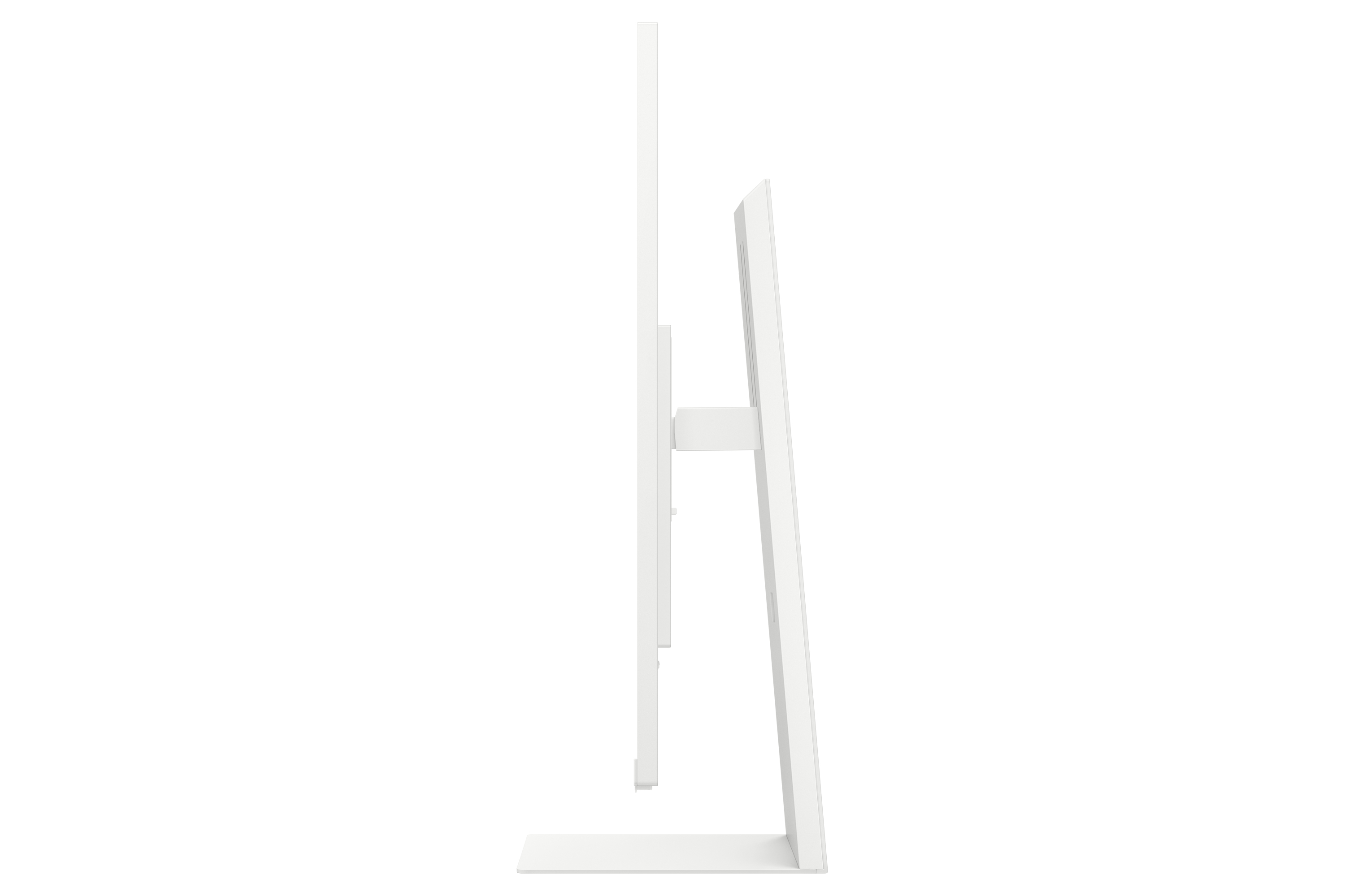 Seitenansicht eines weißen Computermonitors mit weißem Ständer, schlichtes und minimalistisches Design.