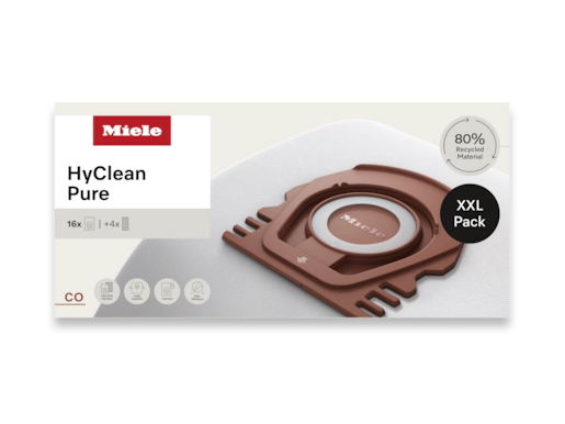 Box mit Miele HyClean Pure Staubsaugerbeuteln, mit weißem Hintergrund und sichtbarem Markennamen.