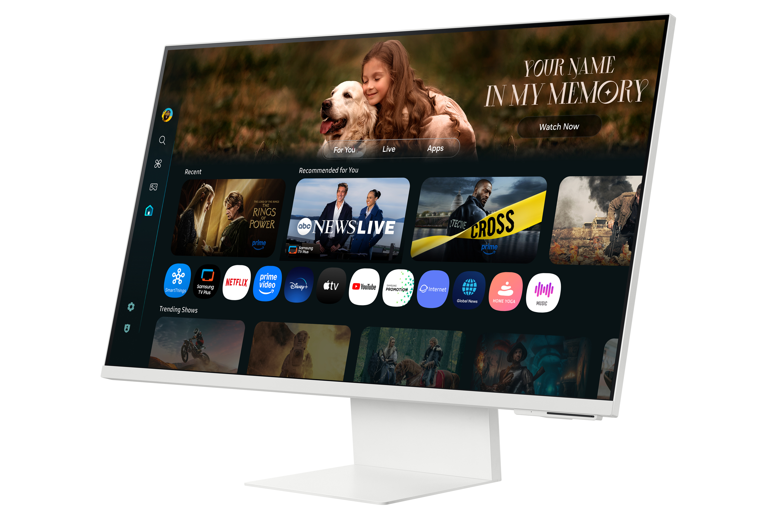 Weißer Monitor, der eine Benutzeroberfläche eines Film-Streaming-Dienstes mit mehreren App-Symbolen anzeigt.