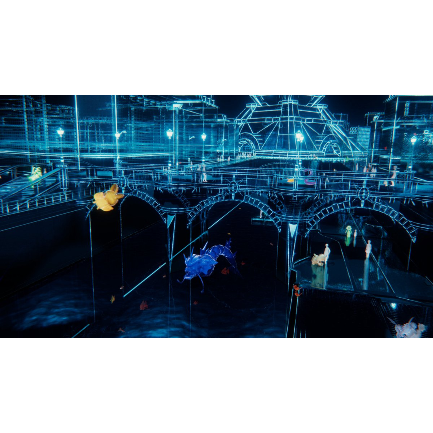 Scène urbaine néon bleue. Ponts et figures. Créatures type Pokémon dans l'eau.