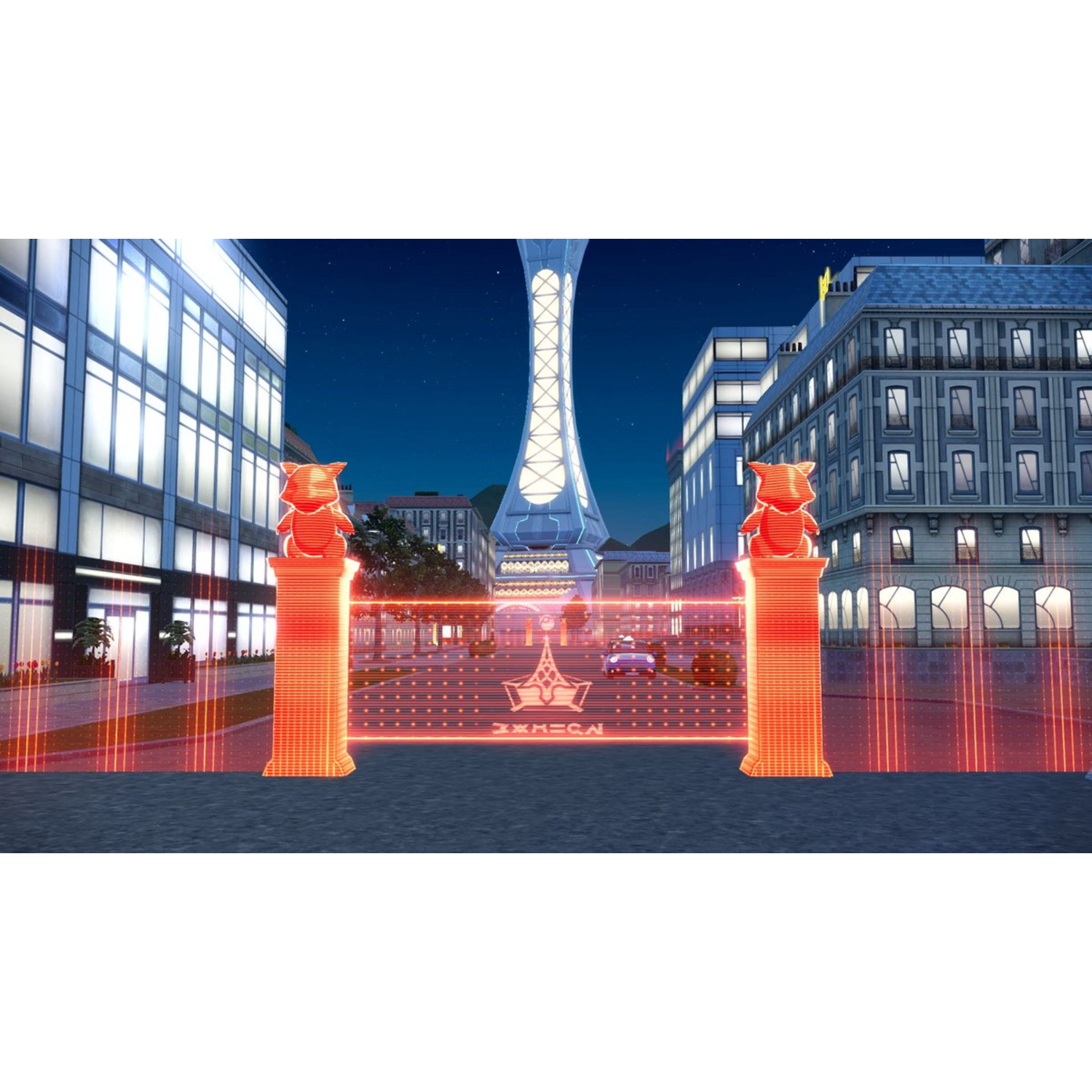 Une scène de ville avec une tour. Une porte au néon avec deux statues de Pokémon au premier plan.