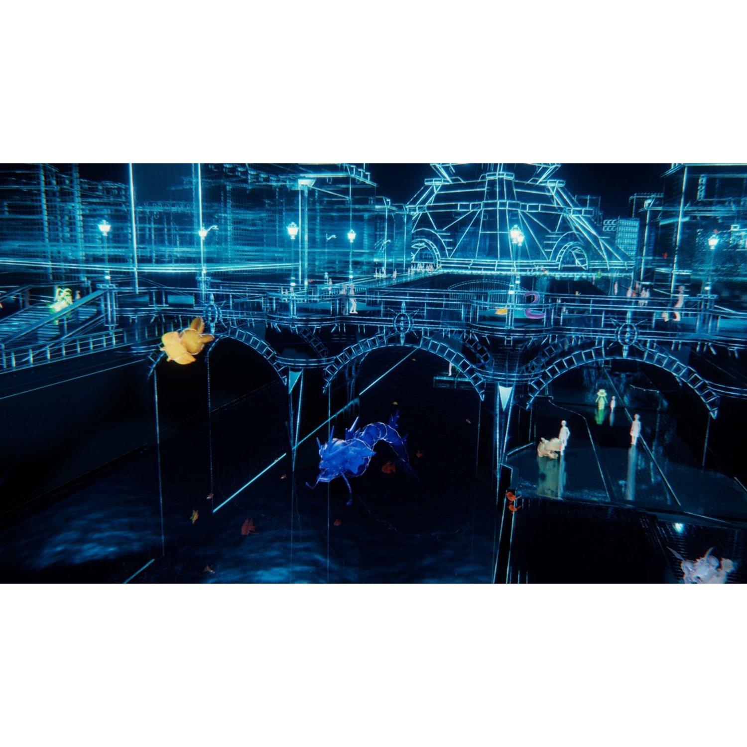 Blauwe neon stadsgezicht. Bruggen en figuren. Pokemon-achtige wezens in het water.
