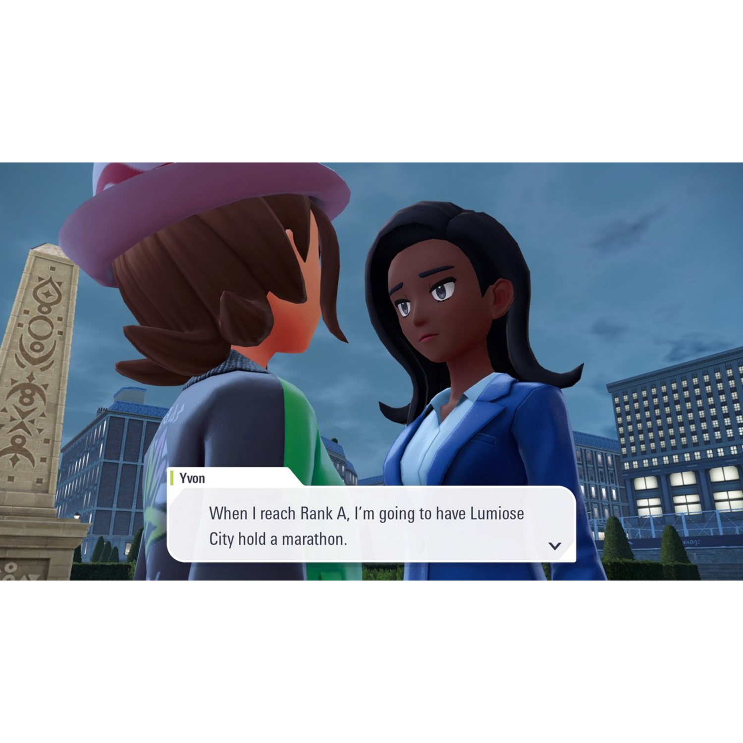 Twee personages uit het spel in een stad. Tekstballon zegt: "Als ik Rang A bereik, ga ik Lumiose City..."
