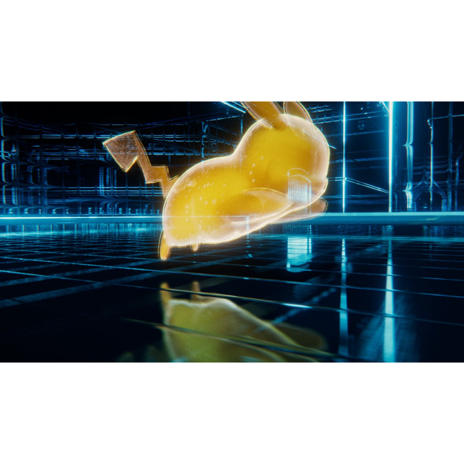 Een gloeiende Pikachu in een neon stadsomgeving. Het heeft een weerspiegeling op de vloer.
