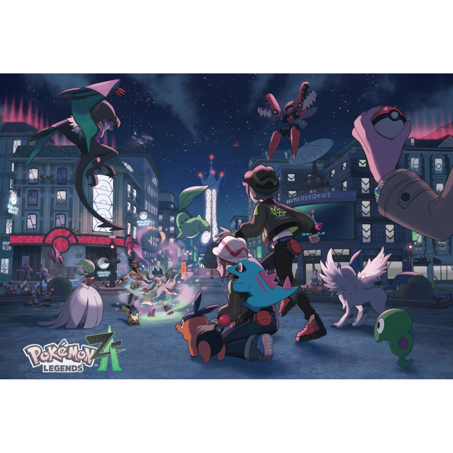 Personages en Pokemon in een stad 's nachts. De titel van het spel, Pokemon Legends Z-A, staat linksonder.
