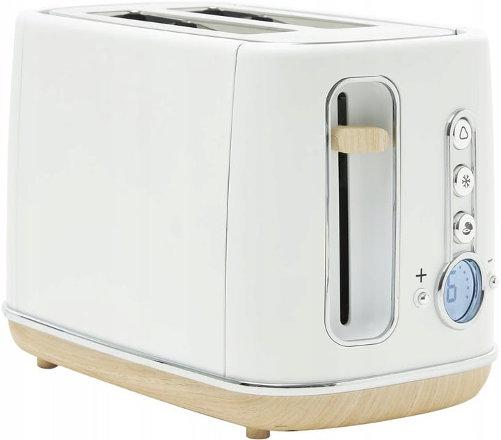 Biały toster z drewnianymi akcentami, widok z przodu, pokazuje ustawienia, dźwignię i stoi na drewnianej podstawie.