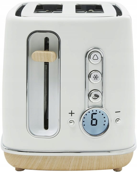 Tacka na okruchy białego tostera z drewnianym uchwytem jest wysunięta. Wnętrze jest metalowe.