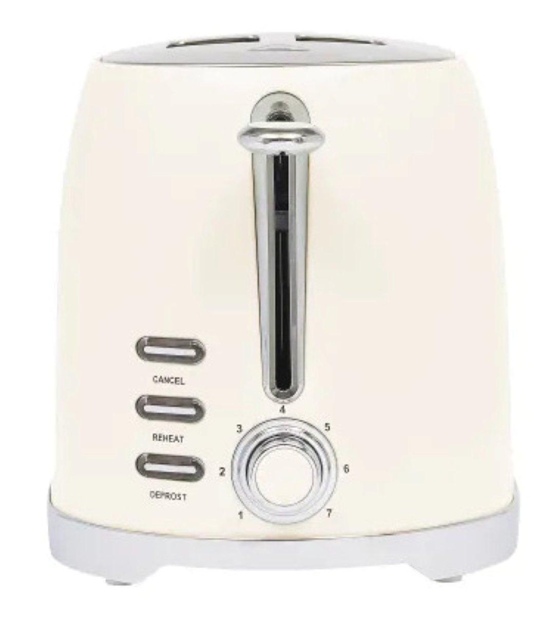 Toster w kolorze kości słoniowej ze srebrnymi akcentami, pokrętłem z siedmioma ustawieniami i trzema przyciskami.