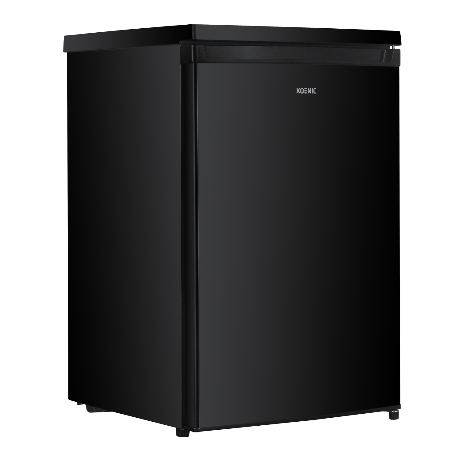 A close up of the top of a black Koenic refrigerator. The Koenic logo is visible.